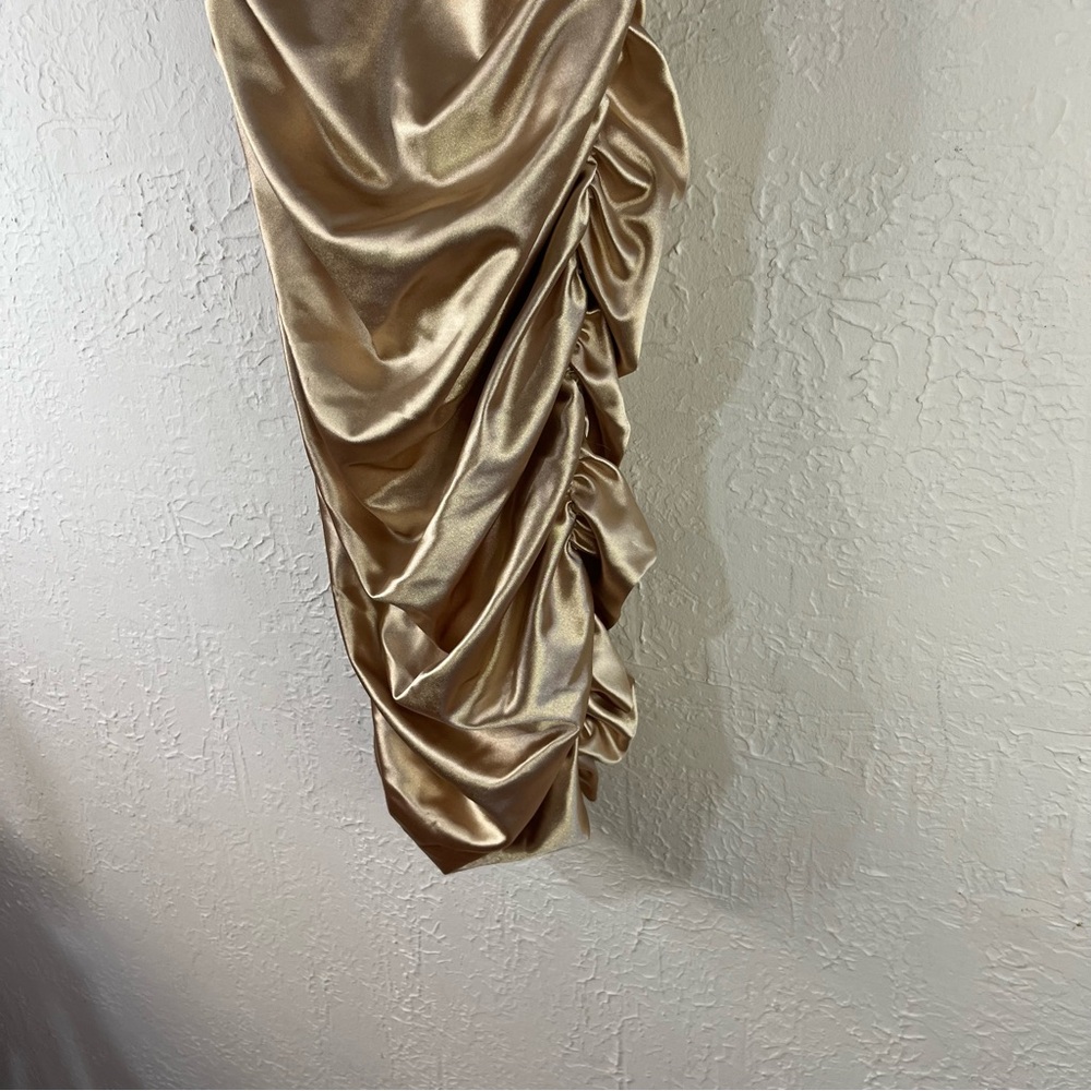 Oh Polly Embellish The Moment Ruched Satin Metallic Knee Length Dress in Gold - Picture 9 of 14